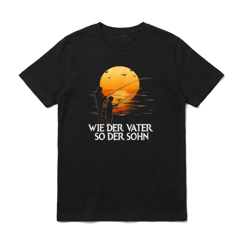 Wie Der Vater So T-Shirt – Vater und Sohn angeln vor Sonnenuntergang, Schriftzug darunter – Klassisches T-Shirt in Schwarz