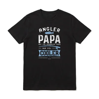 Angler Papa Wie Angeln T-Shirt – Schriftzug Angler Papa mit blauer Angelrute und Fisch – Klassisches T-Shirt in Schwarz
