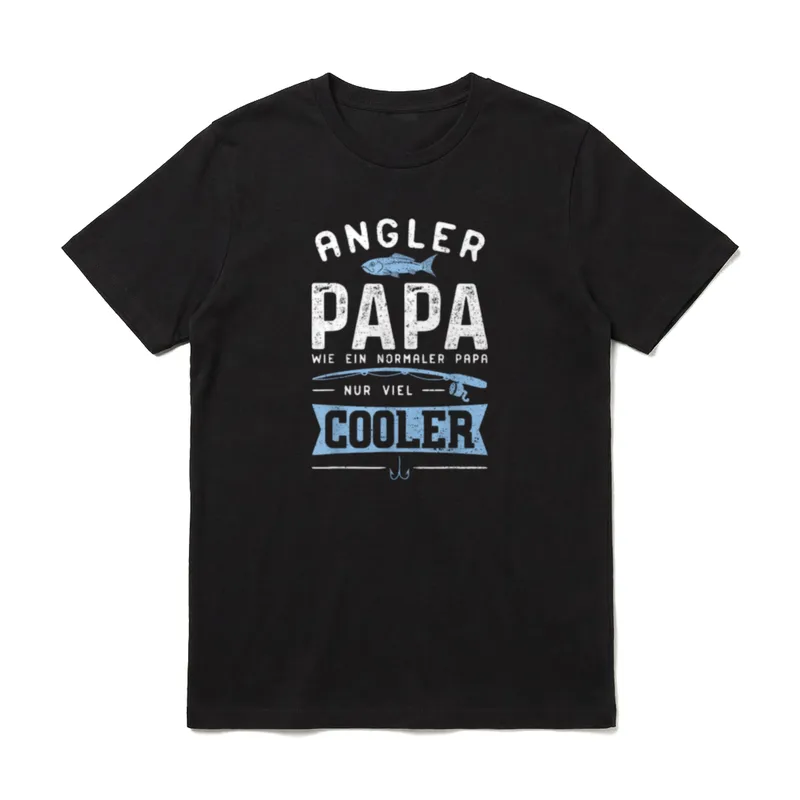 Angler Papa Wie Angeln T-Shirt – Schriftzug Angler Papa mit blauer Angelrute und Fisch – Klassisches T-Shirt in Schwarz
