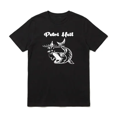 Angler Angeln Fischer Papa T-Shirt – Fisch schnappt nach Köder, Schriftzug „Petri Heil“ – Klassisches T-Shirt in Schwarz