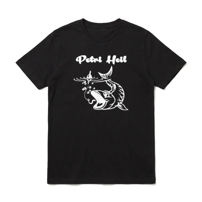 Angler Angeln Fischer Papa T-Shirt – Fisch schnappt nach Köder, Schriftzug „Petri Heil“ – Klassisches T-Shirt in Schwarz