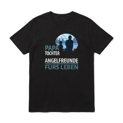 Papa & Tochter Angelfreunde T-Shirt – Vater und Tochter angeln am See, Schriftzug darunter – Klassisches T-Shirt in Schwarz