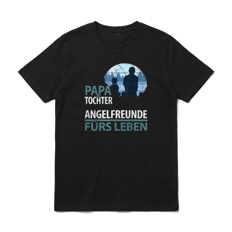 Papa & Tochter Angelfreunde T-Shirt – Vater und Tochter angeln am See, Schriftzug darunter – Klassisches T-Shirt in Schwarz