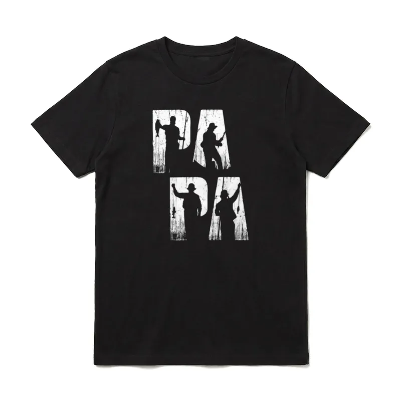 Angler Papa Vatertag Fischen T-Shirt – Vier Angler-Silhouetten bilden das Wort PAPA – Klassisches T-Shirt in Schwarz