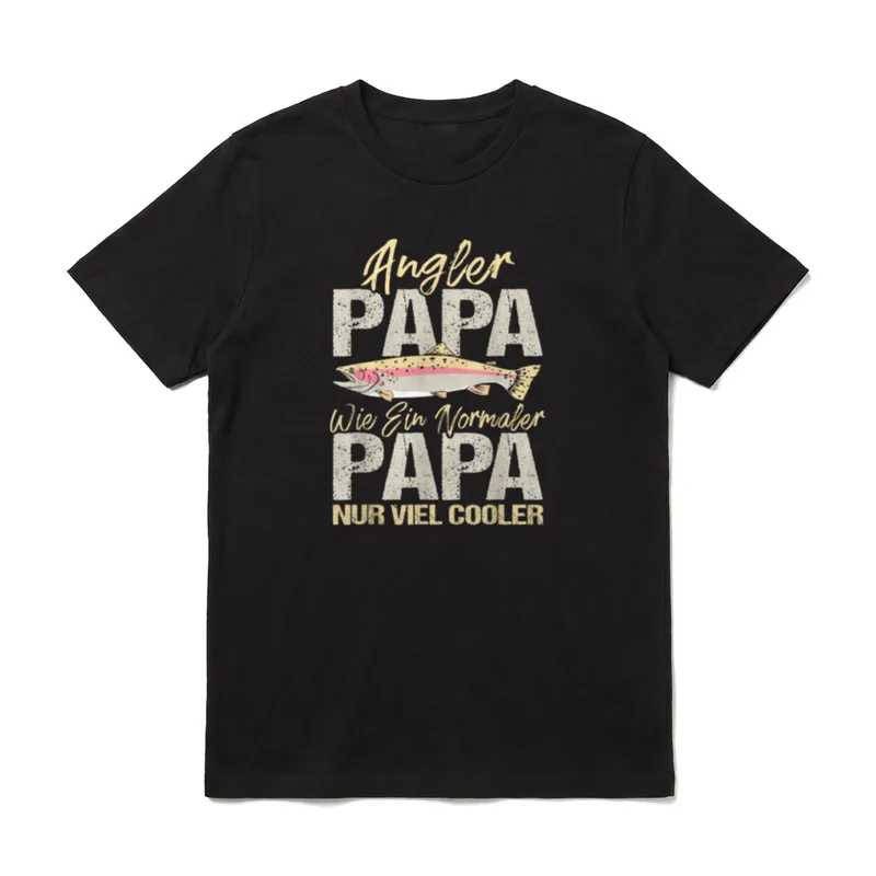 Angler Papa wie T-Shirt – Schriftzug Angler Papa nur viel cooler mit Regenbogenforelle – Klassisches T-Shirt in Schwarz