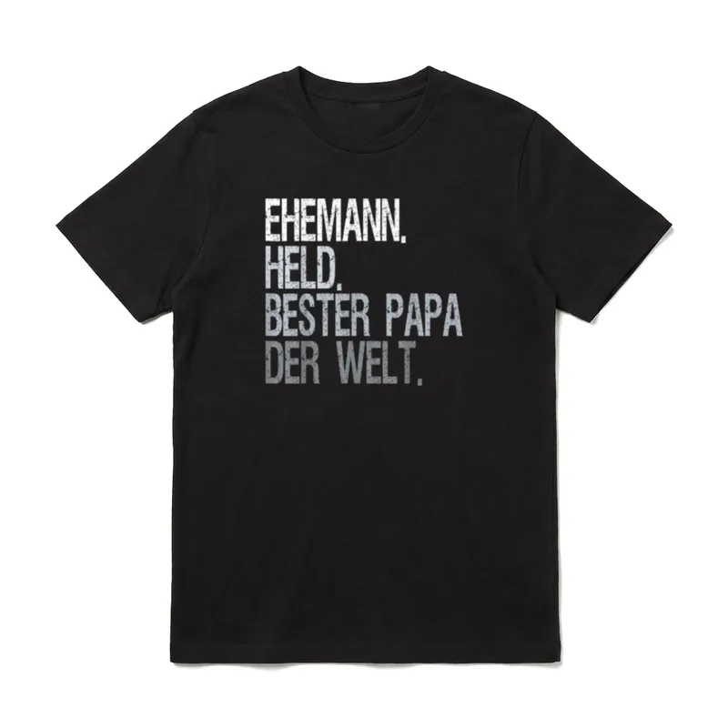 Bester Papa der Welt T-Shirt – Schriftzug „Ehemann. Held. Bester Papa der Welt.“ – Klassisches T-Shirt in Schwarz