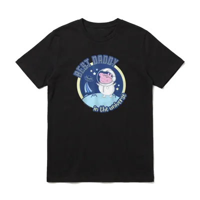 Daddy Pig Best Daddy T-Shirt – Rosa Astronaut-Papa mit Helm und UFO vor Sternenhimmel – Klassisches T-Shirt in Schwarz