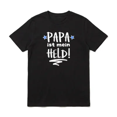 Vater Ehemann der Beste T-Shirt – Papa ist mein Held Schriftzug mit blauen Sternen – Klassisches T-Shirt in Schwarz