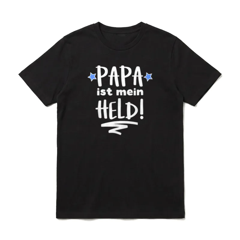 Vater Ehemann der Beste T-Shirt – Papa ist mein Held Schriftzug mit blauen Sternen – Klassisches T-Shirt in Schwarz