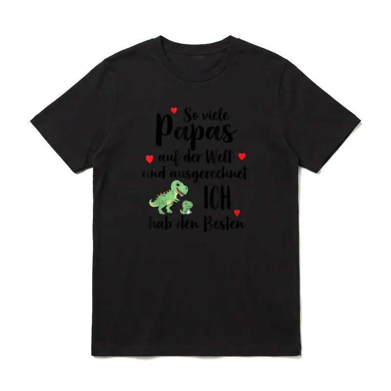 Bester Papa So Viele T-Shirt – Dino-Papa und Dino-Kind, Herzen, Schriftzug „So viele Papas“ – Klassisches T-Shirt in Schwarz