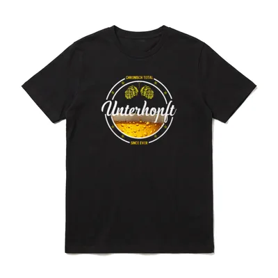 T-Shirt Bier Spruch – Unterhopft Schriftzug mit Hopfen und Bierglas im Kreis – Klassisches T-Shirt in Schwarz