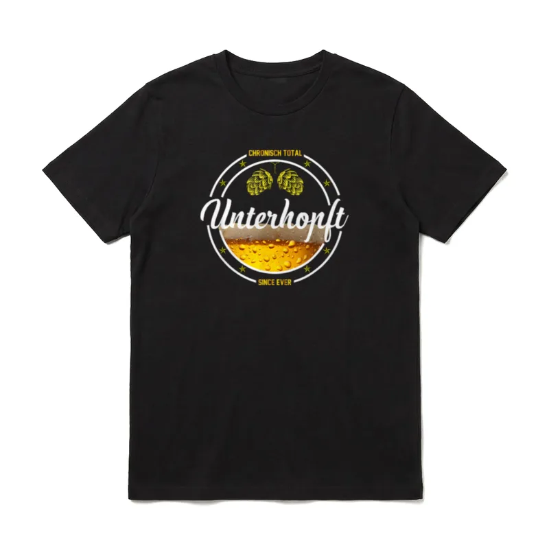 T-Shirt Bier Spruch – Unterhopft Schriftzug mit Hopfen und Bierglas im Kreis – Klassisches T-Shirt in Schwarz