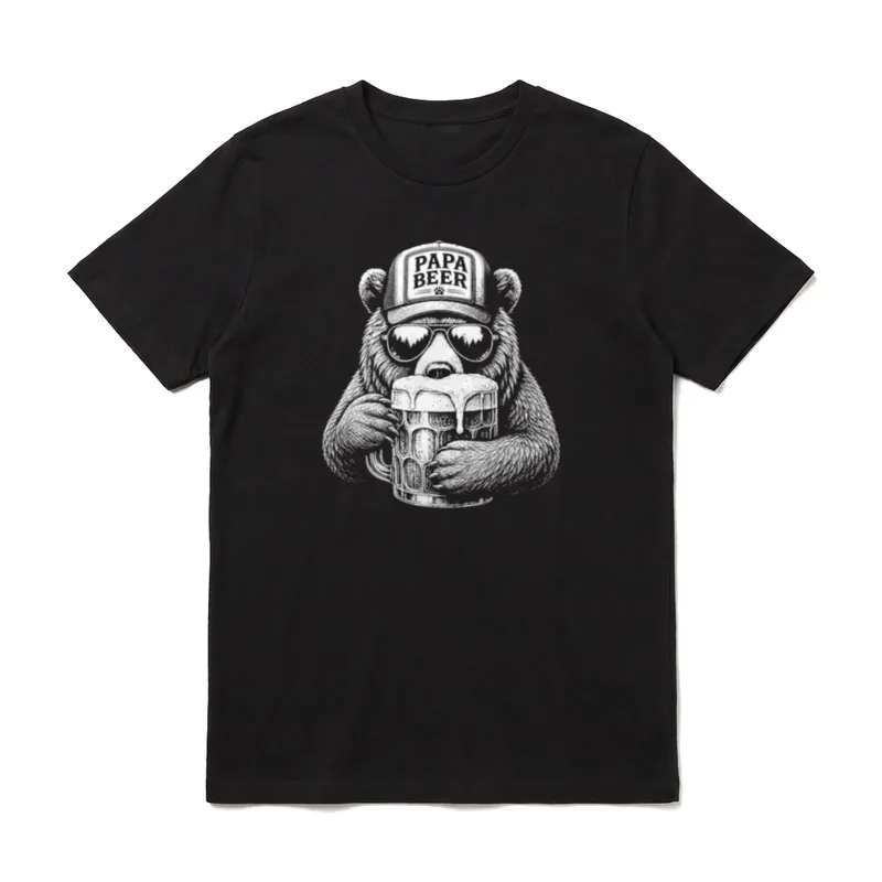 Papa Beer Vatertag Bester T-Shirt – Bär mit Cap „Papa Beer“ und übervollem Bierkrug – Klassisches T-Shirt in Schwarz