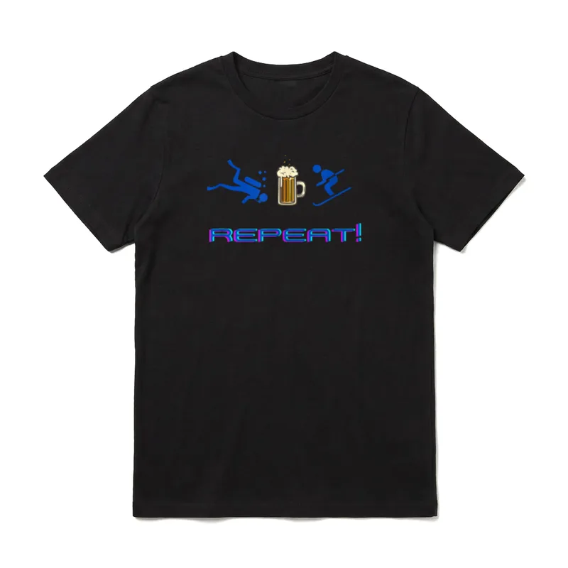 Taucher Bier Ski Apres T-Shirt – Blauer Taucher, Bierkrug und Skifahrer um das Wort REPEAT! – Klassisches T-Shirt in Schwarz