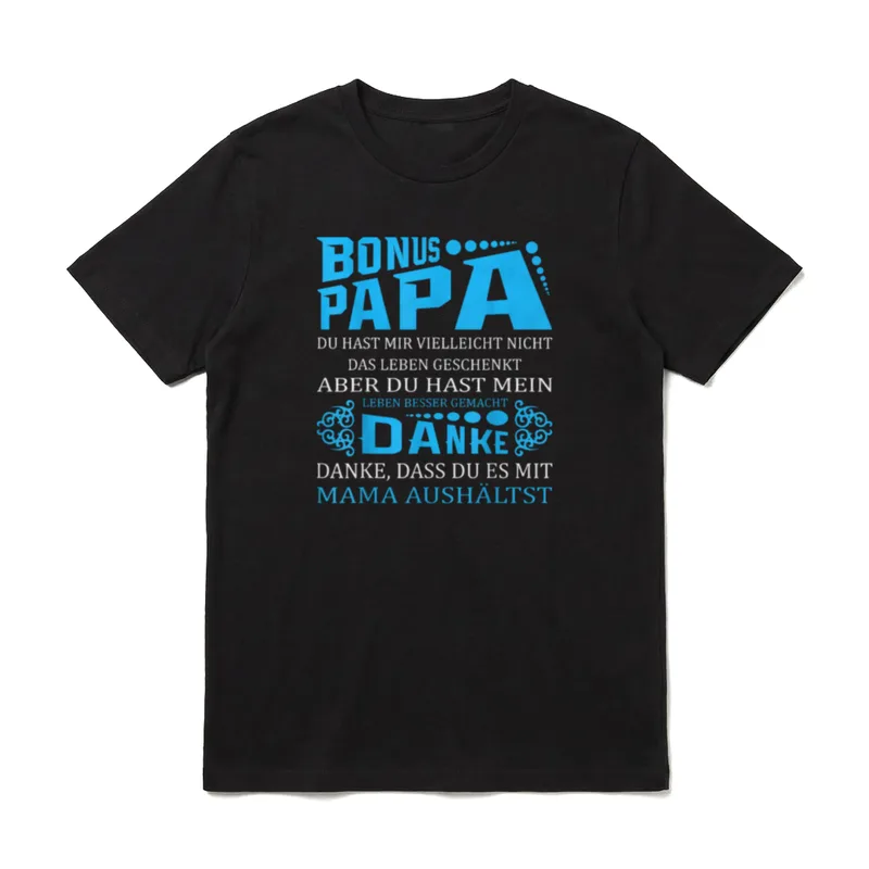 Bonuspapa Stiefvater T-Shirt – Schriftzug „Bonus Papa“ mit Dankestext an den Stiefvater – Klassisches T-Shirt in Schwarz