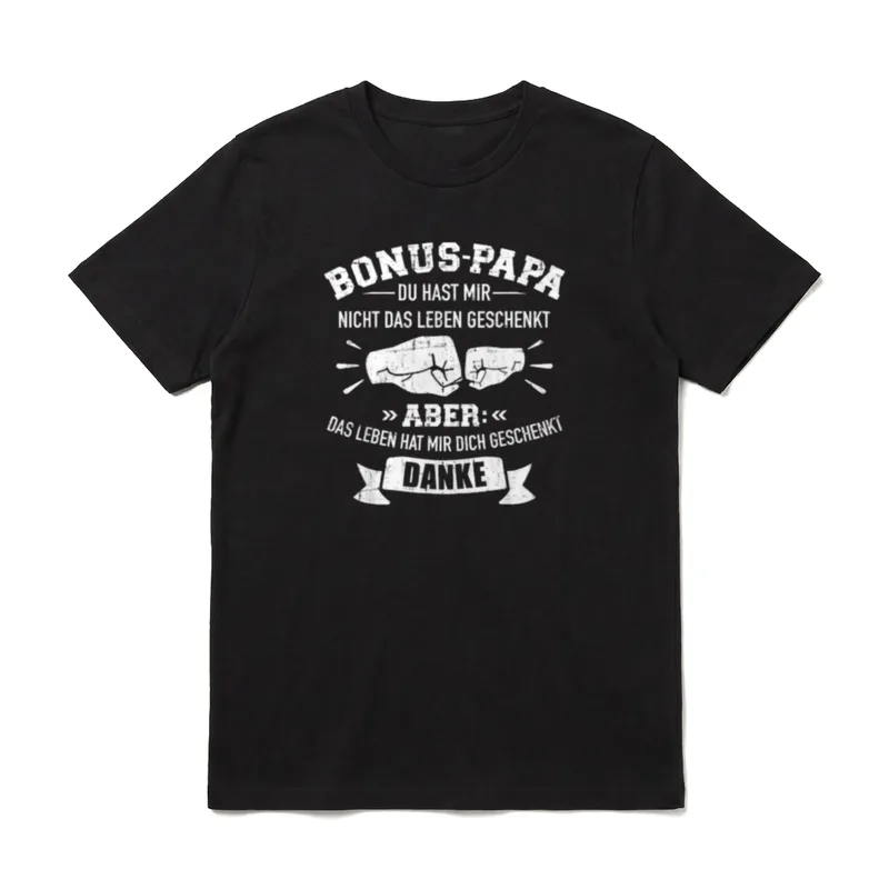 Bonus Papa Leben geschenkt T-Shirt – Bonus-Papa Spruch mit Faust-Gruß und Danke-Banner – Klassisches T-Shirt in Schwarz