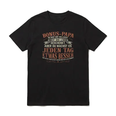 Vatertag Bonus Papa T-Shirt – Typografie Motiv Bonus Papa mit Banner-Element und Sternchen – Klassisches T-Shirt in Schwarz