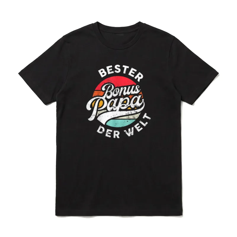 Bester Bonus Papa T-Shirt – Schriftzug „Bester Bonus Papa der Welt“ im Retro-Kreis – Klassisches T-Shirt in Schwarz