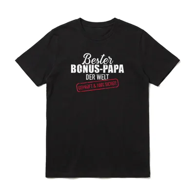 Bester Bonus Papa T-Shirt – Schriftzug „Bester Bonus-Papa der Welt“ mit rotem Stempel – Klassisches T-Shirt in Schwarz