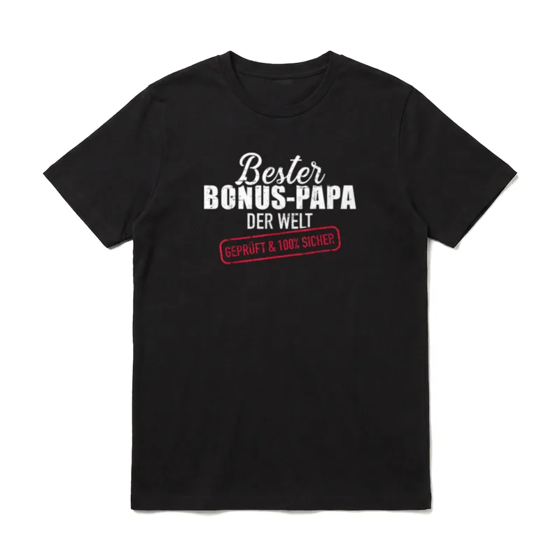 Bester Bonus Papa T-Shirt – Schriftzug „Bester Bonus-Papa der Welt“ mit rotem Stempel – Klassisches T-Shirt in Schwarz