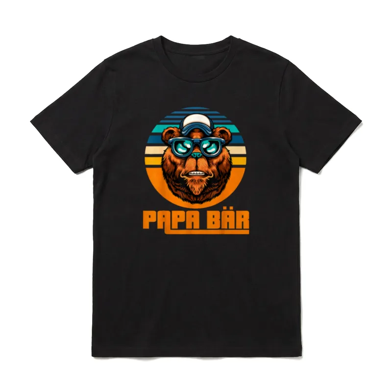 Papa Bär Vater Bonus T-Shirt – Bärenkopf mit Sonnenbrille und Kappe, Text PAPA BÄR in Orange – Klassisches T-Shirt in Schwarz