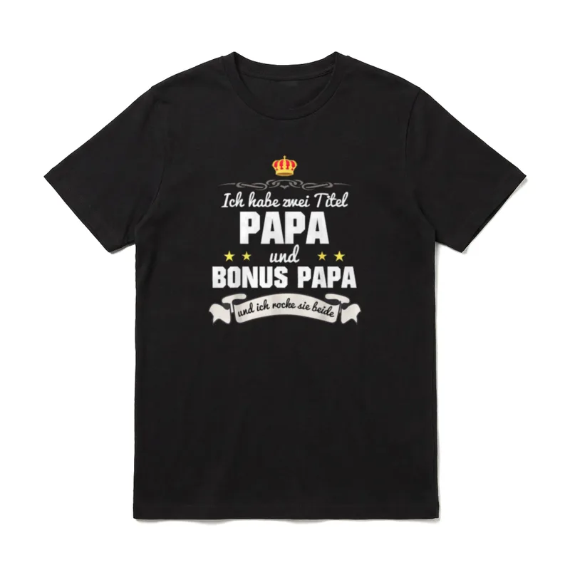 Stiefvater Bonus Papa Vater T-Shirt – Krone, zwei Titel PAPA und BONUS PAPA auf Banner – Klassisches T-Shirt in Schwarz