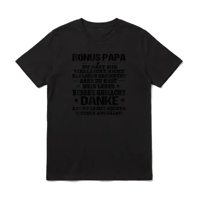 Bonus Papa Papa Vater Spruch T-Shirt – Schriftzug „Bonus Papa“ mit Dankestext und Sternen – Klassisches T-Shirt in Schwarz