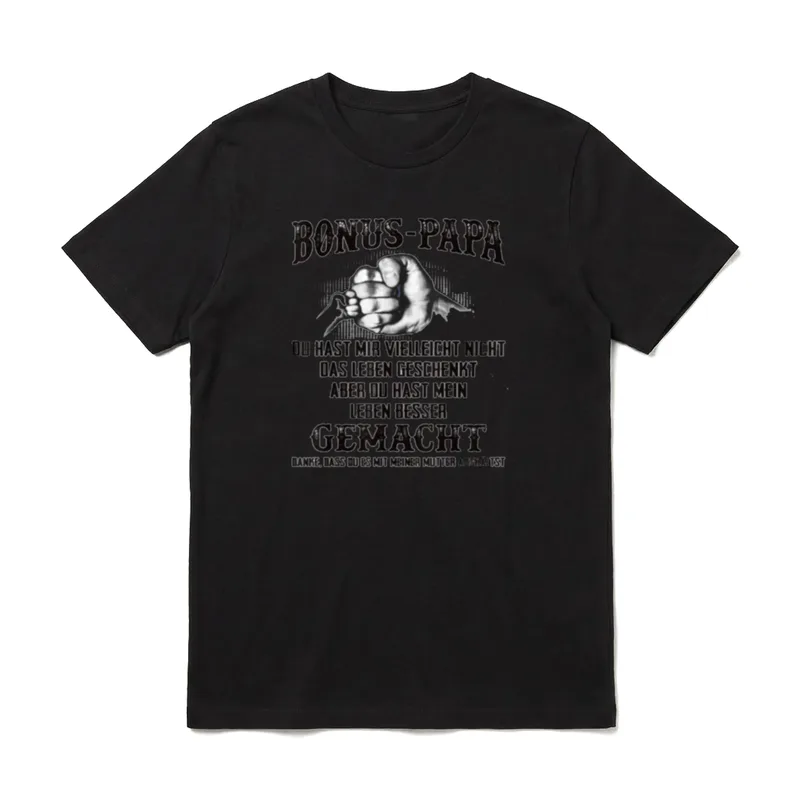 Lustiges Weihnachts Shirt Damen – Faust mit Schriftzug „Bonus-Papa“ und Dankes-Spruch – Klassisches T-Shirt in Schwarz