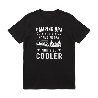 Camping T-Shirt Damen – Wohnmobil, Zelt, Bäume und Schriftzug „Camping Opa nur viel cooler“ – Klassisches T-Shirt in Schwarz
