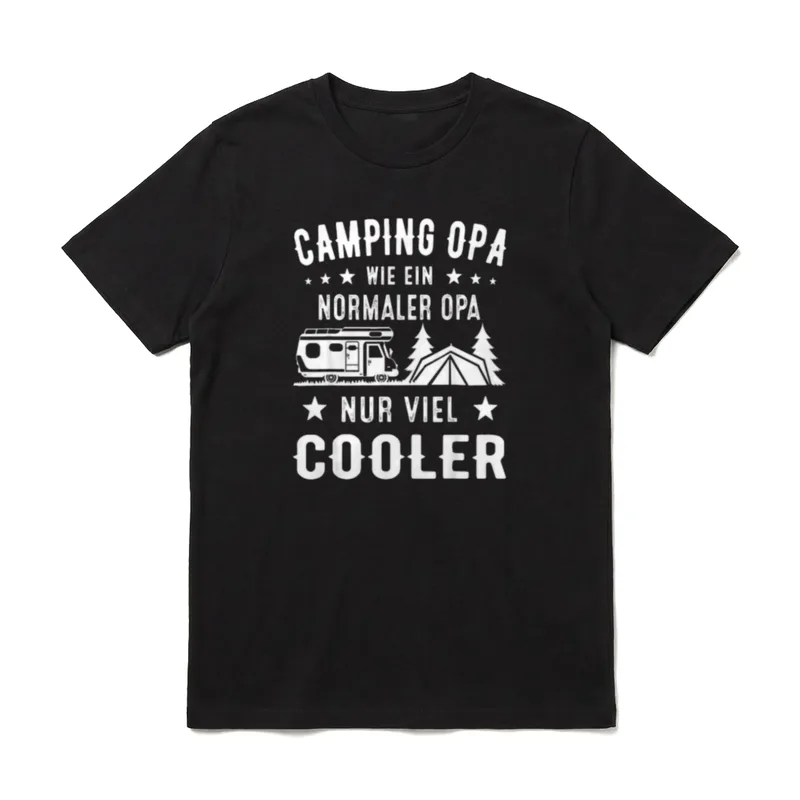 Camping T-Shirt Damen – Wohnmobil, Zelt, Bäume und Schriftzug „Camping Opa nur viel cooler“ – Klassisches T-Shirt in Schwarz