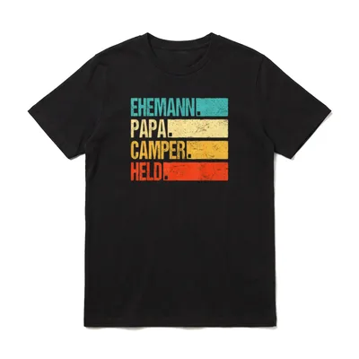 Camping T-Shirt Männer – Retro Schriftzug Ehemann Papa Camper Held in bunten Blöcken – Klassisches T-Shirt in Schwarz