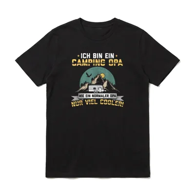 Vintage Camping Shirt – Camping Opa Wohnwagen Bergmotiv mit gelber Schrift – Klassisches T-Shirt in Schwarz