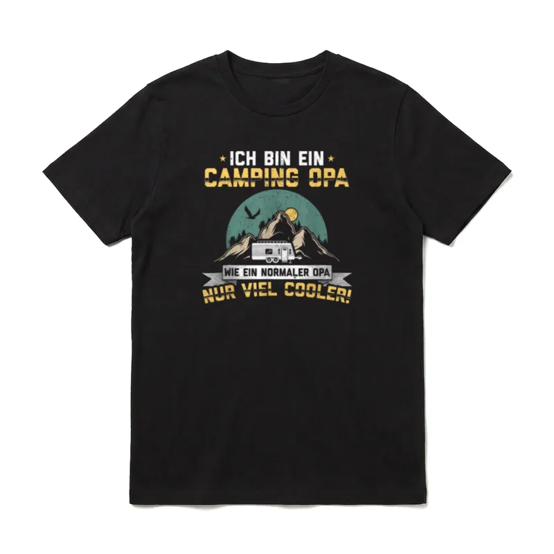 Vintage Camping Shirt – Camping Opa Wohnwagen Bergmotiv mit gelber Schrift – Klassisches T-Shirt in Schwarz