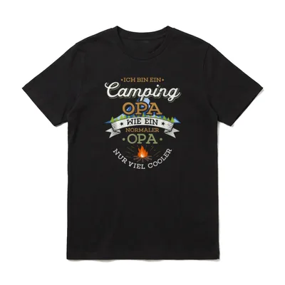 Ich bin ein Camping T-Shirt – Camping Opa Schriftzug mit Bergen, Wald und Lagerfeuer – Klassisches T-Shirt in Schwarz