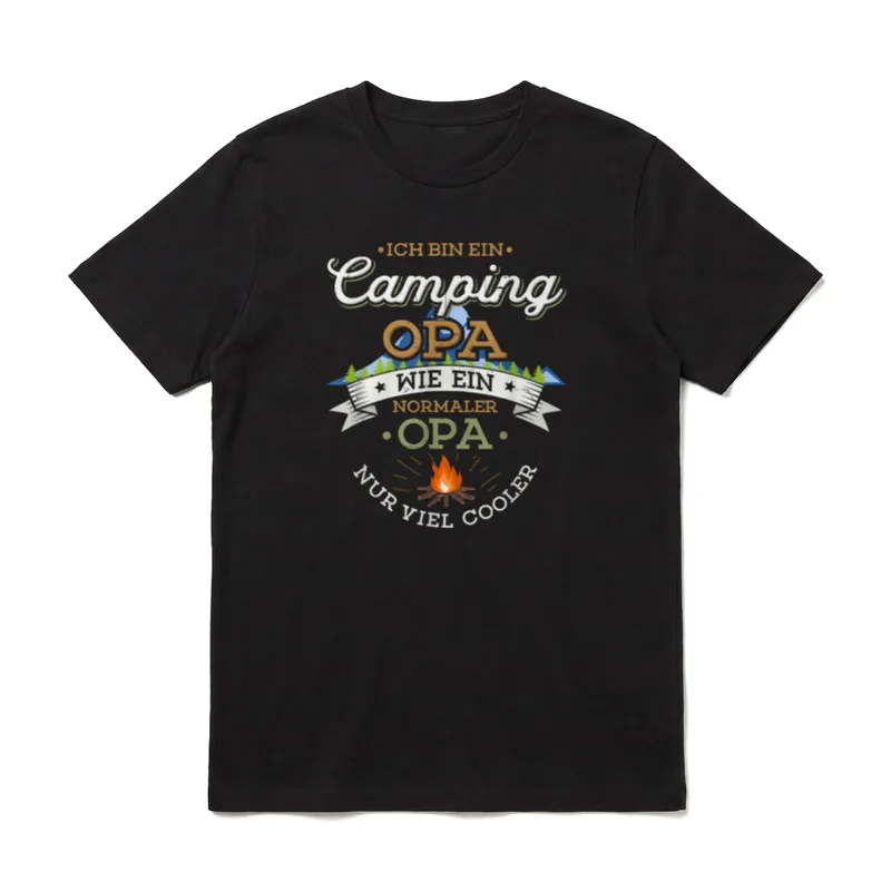 Ich bin ein Camping T-Shirt – Camping Opa Schriftzug mit Bergen, Wald und Lagerfeuer – Klassisches T-Shirt in Schwarz
