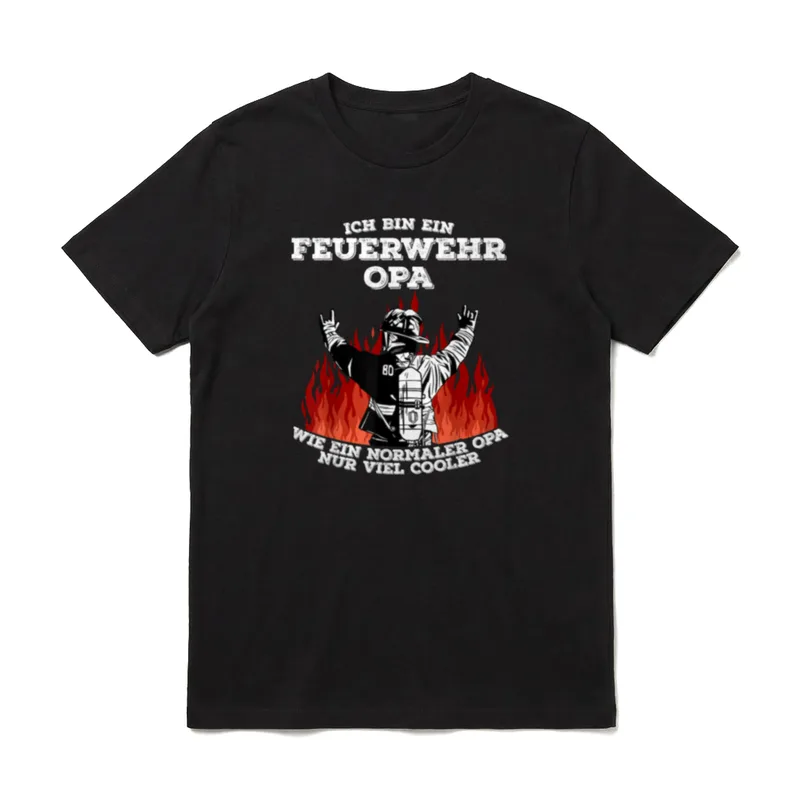 Feuerwehr Opa Cooler Opa T-Shirt – Feuerwehr Opa mit Skateboard und Rocker-Geste vor Flammen – Klassisches T-Shirt in Schwarz
