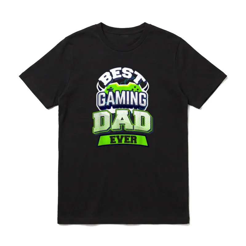 Pc Gaming T-Shirt – Best Gaming Dad Ever Text mit grünem Gamepad und Blitzgrafik – Klassisches T-Shirt in Schwarz