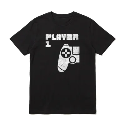 Player 1 Player 2 T-Shirt – PLAYER 1 Text und weißer Gamecontroller im Vintage-Look – Klassisches T-Shirt in Schwarz