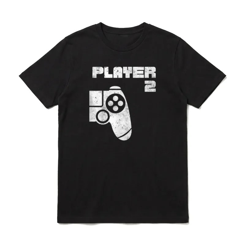 Player 1 Player 2 Gamer T-Shirt – Schriftzug Player 2 mit Gamepad im Used-Look – Klassisches T-Shirt in Schwarz