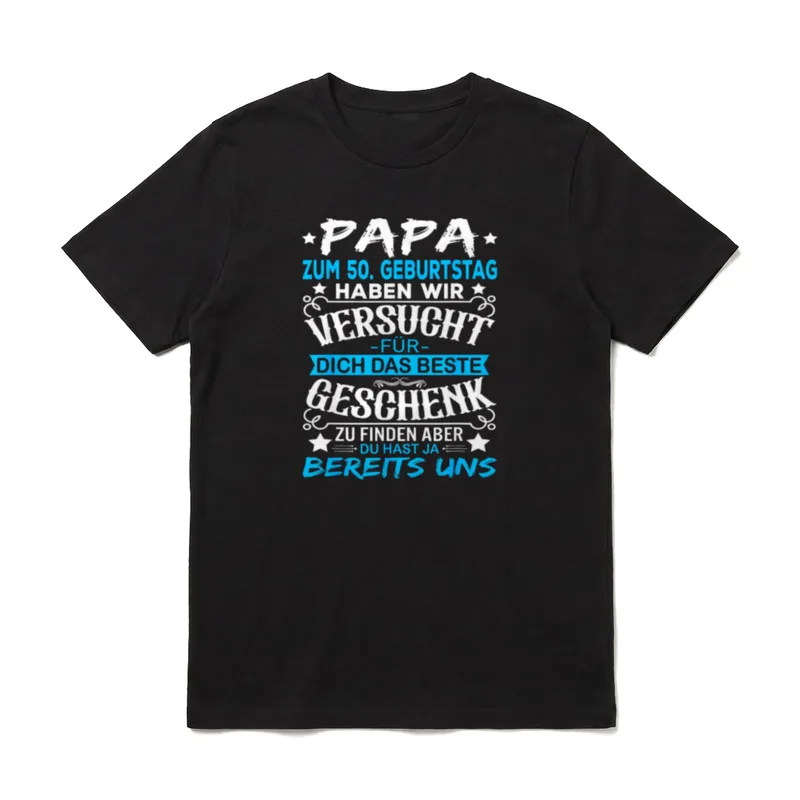 T-Shirt 50 Geburtstag – Schriftzug Papa zum 50 Geburtstag mit Sternchen und blauen Akzenten – Klassisches T-Shirt in Schwarz
