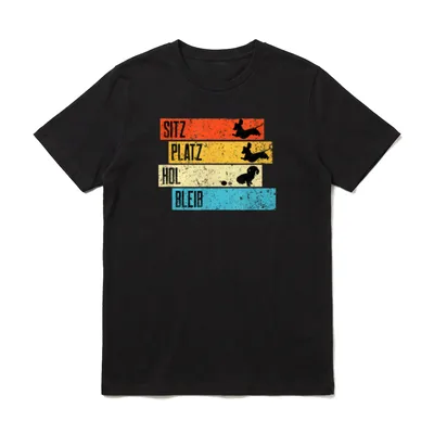 T-Shirt Druck zum Vatertag – Dackel-Silhouetten neben SITZ, PLATZ, HOL, BLEIB – Klassisches T-Shirt in Schwarz