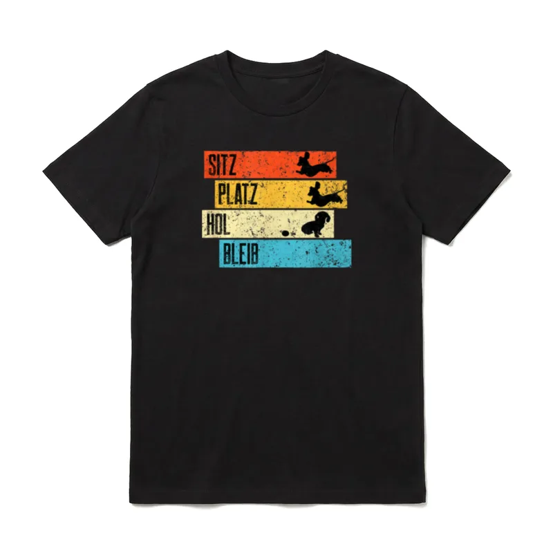 T-Shirt Druck zum Vatertag – Dackel-Silhouetten neben SITZ, PLATZ, HOL, BLEIB – Klassisches T-Shirt in Schwarz