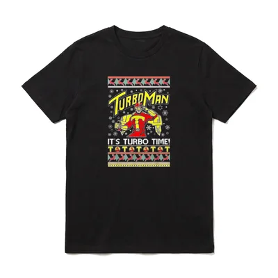 Funny TurboMan It's Turbo T-Shirt – Roter Held „Turboman“ mit Spruch „It's Turbo Time!“ – Klassisches T-Shirt in Schwarz