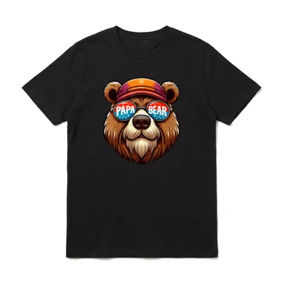Papa Lustig Papa Geburtstag T-Shirt – Bärenkopf mit Cap, Sonnenbrille zeigt „PAPA BEAR“ – Klassisches T-Shirt in Schwarz
