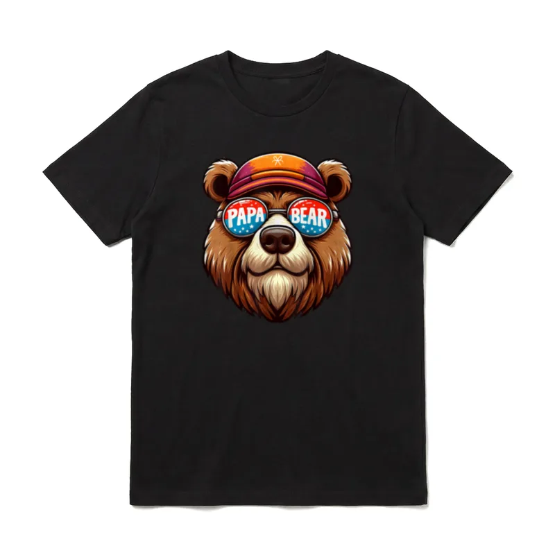 Papa Lustig Papa Geburtstag T-Shirt – Bärenkopf mit Cap, Sonnenbrille zeigt „PAPA BEAR“ – Klassisches T-Shirt in Schwarz