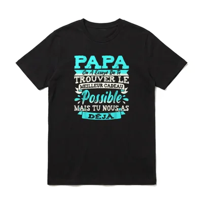 Papa Geburtstag Fete T-Shirt – Französischer Schriftzug PAPA mit Bannern in Türkis und Weiß – Klassisches T-Shirt in Schwarz