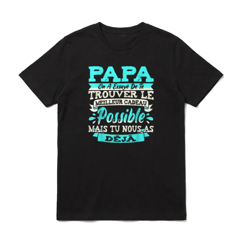 Papa Geburtstag Fete T-Shirt – Französischer Schriftzug PAPA mit Bannern in Türkis und Weiß – Klassisches T-Shirt in Schwarz