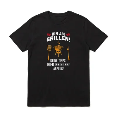 T-Shirt Sprüche Bier – Bin am Grillen Text mit orangefarbenem Kugelgrill, Spatel und Gabel – Klassisches T-Shirt in Schwarz