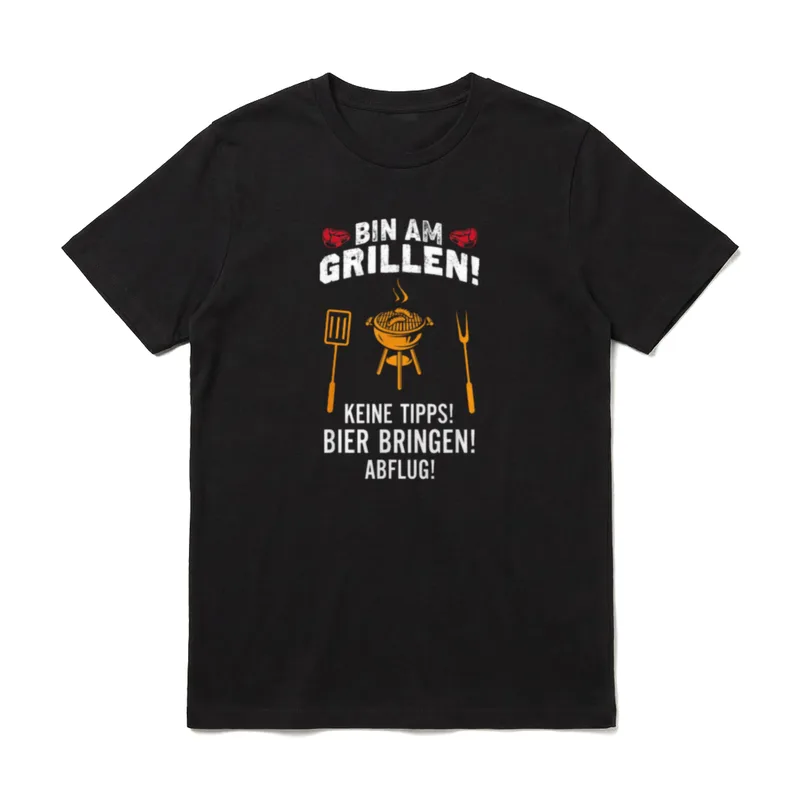 T-Shirt Sprüche Bier – Bin am Grillen Text mit orangefarbenem Kugelgrill, Spatel und Gabel – Klassisches T-Shirt in Schwarz