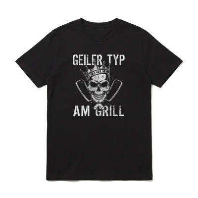 Geiler Typ Am Grill T-Shirt – Totenkopf mit Krone und gekreuzten Grillmessern, Schriftzug – Klassisches T-Shirt in Schwarz